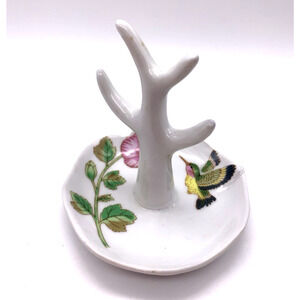 Vtg Hummingbird Ring Holder Jewelry Tree Trinket Dish Vanity Ceramic JSNY Taiwan